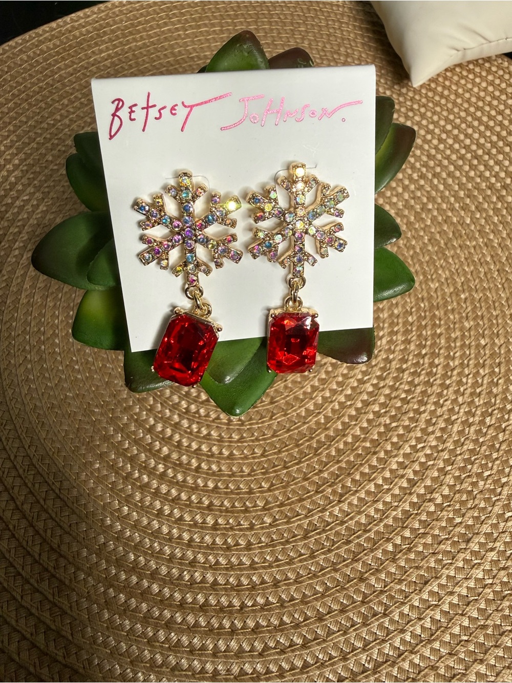Betsey Johnson 🎄 Gold-Tone Snowflake Earrings with Red Crystal Drops